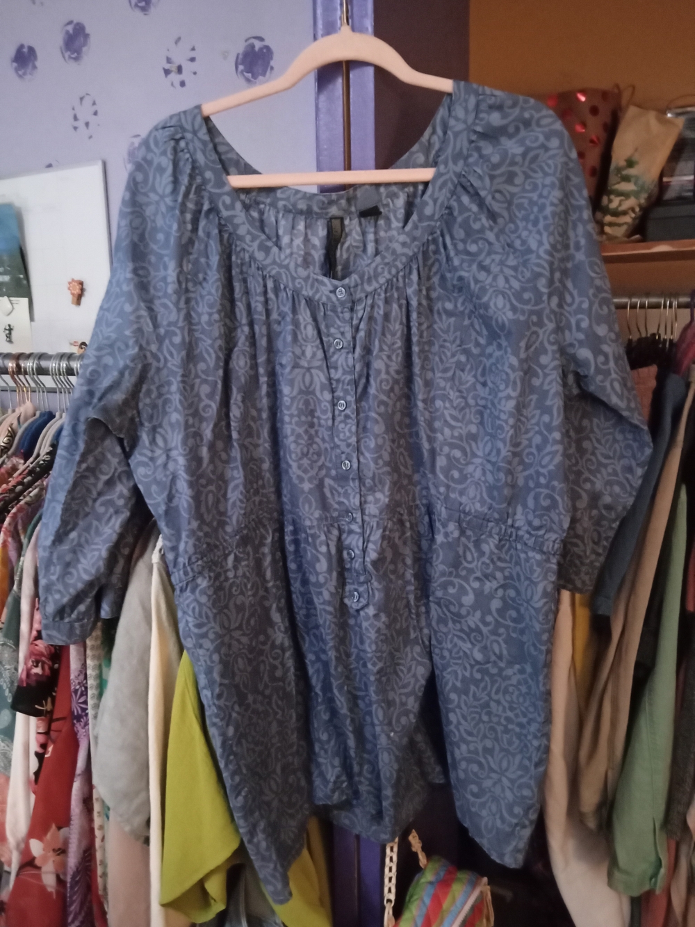 Nine West Blue Patterned Women's Button-Front Tunic Top